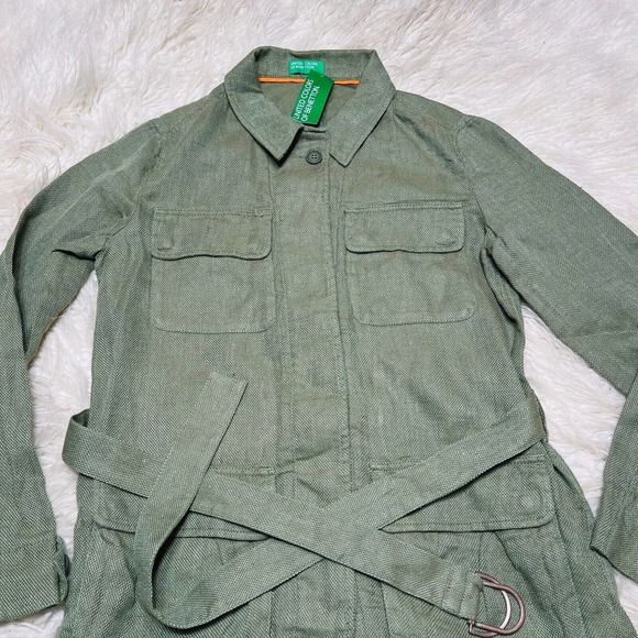 UNITED COLORS OF BENETTON BELTED GREEN CARGO JACKET LINEN - Picture 4 of 5